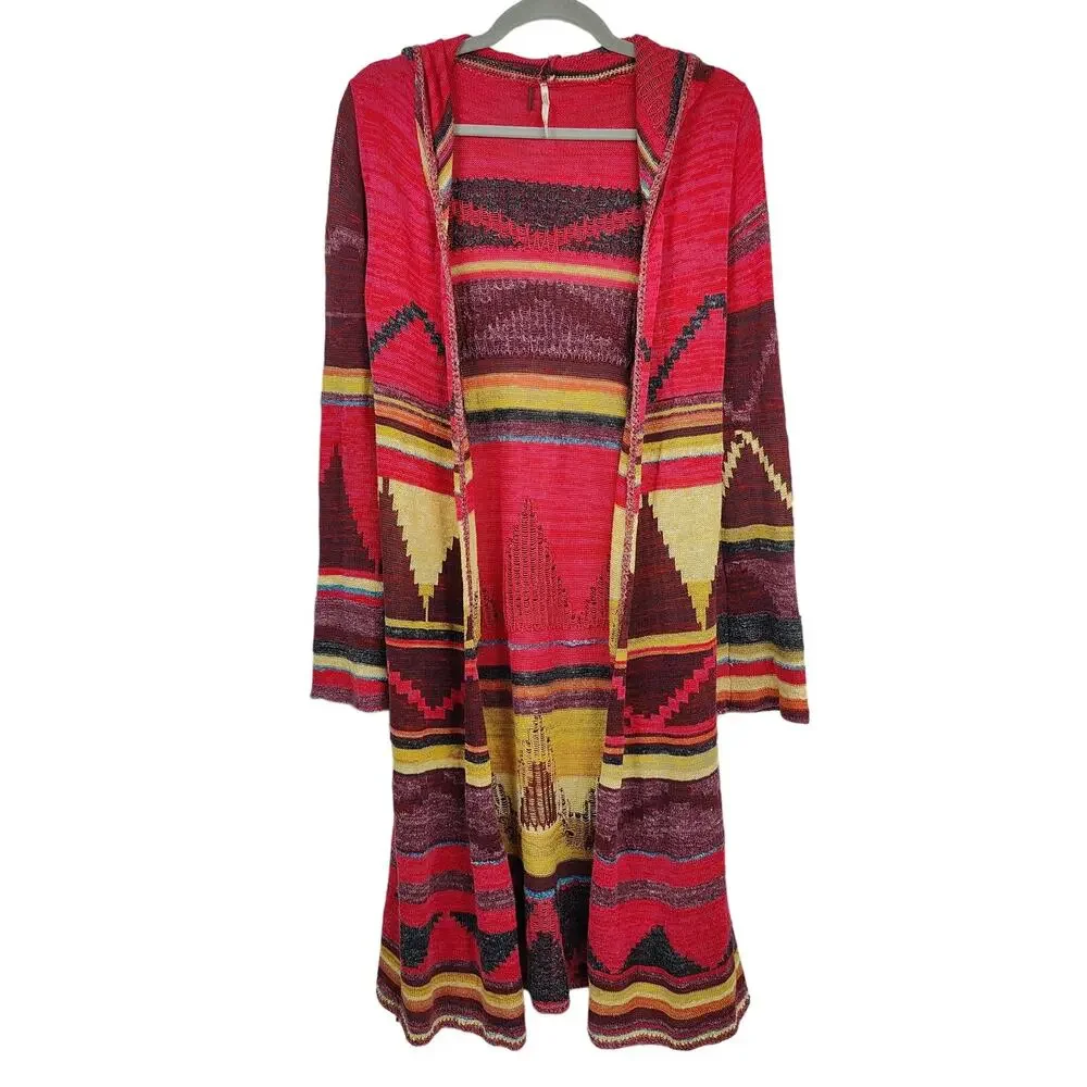Free People Duster Cardigan Sweater Womens Medium Red Lima Aztec Hooded FLAWED
